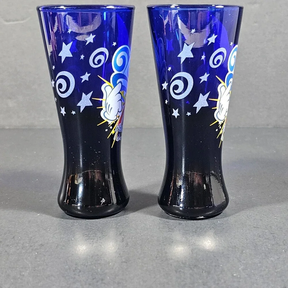 Vtg Set of 2 Walt Disney World 100 Years of Magic Cobalt Blue Shot Glasses 2001